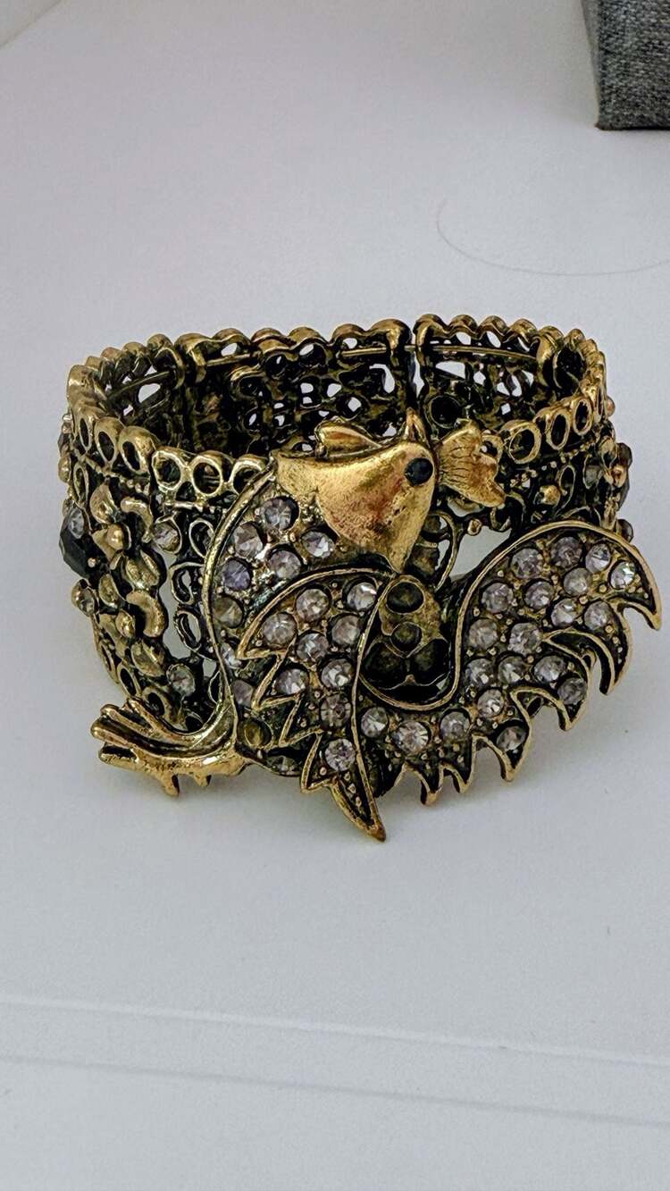Vintage Style Rooster Rhinestone Hinged Cuff Bracelet Gold Tone